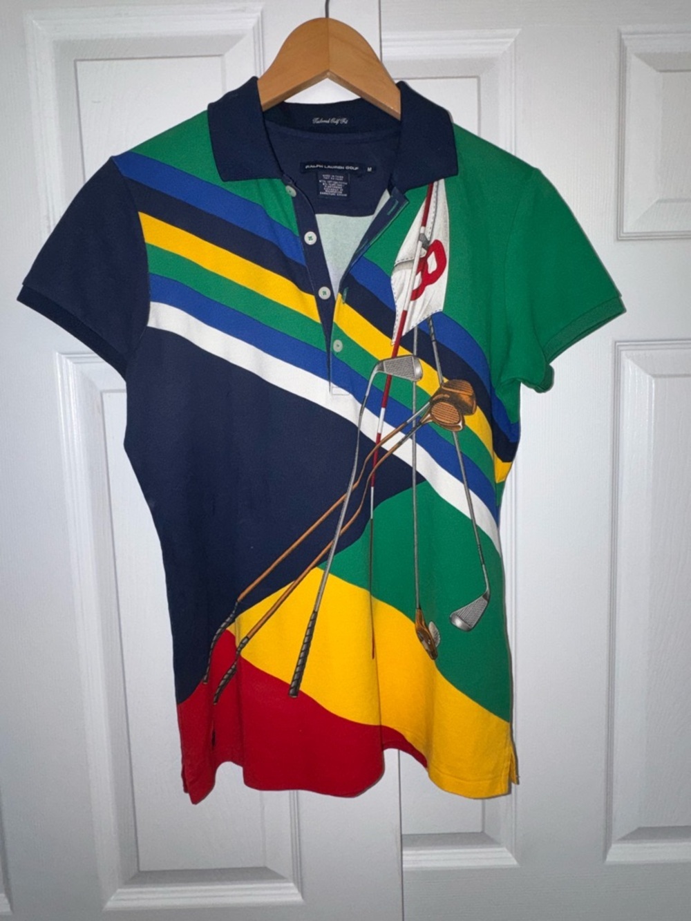 Ralph Lauren Golf Tailored Fit Polo Shirt Medium Colorblock Golf Clubs Print